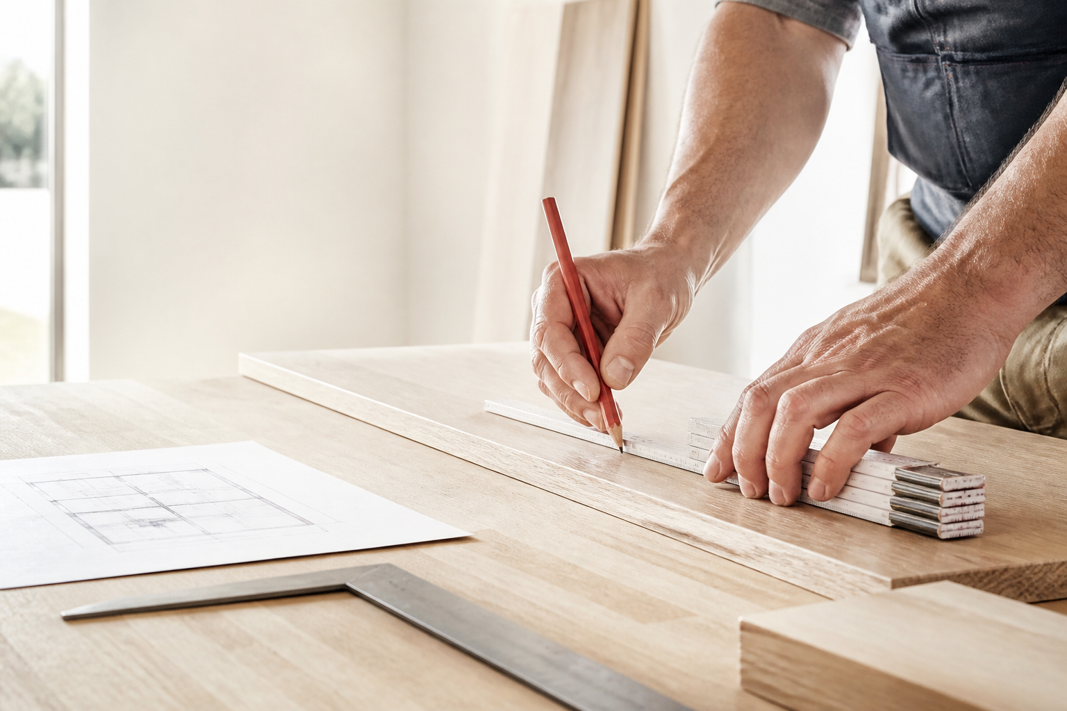 Handwerker misst ein Holzbauteil aus und markiert das Maß mit einem Bleistift